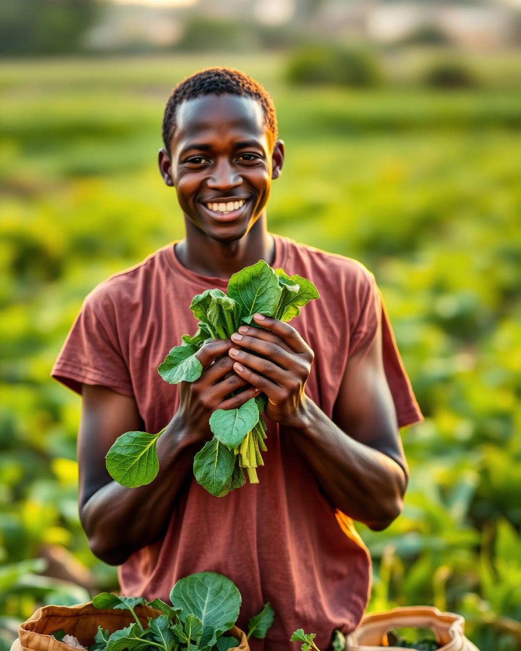 Smiling Ugandan farmer holding freshly harvested leafy greens